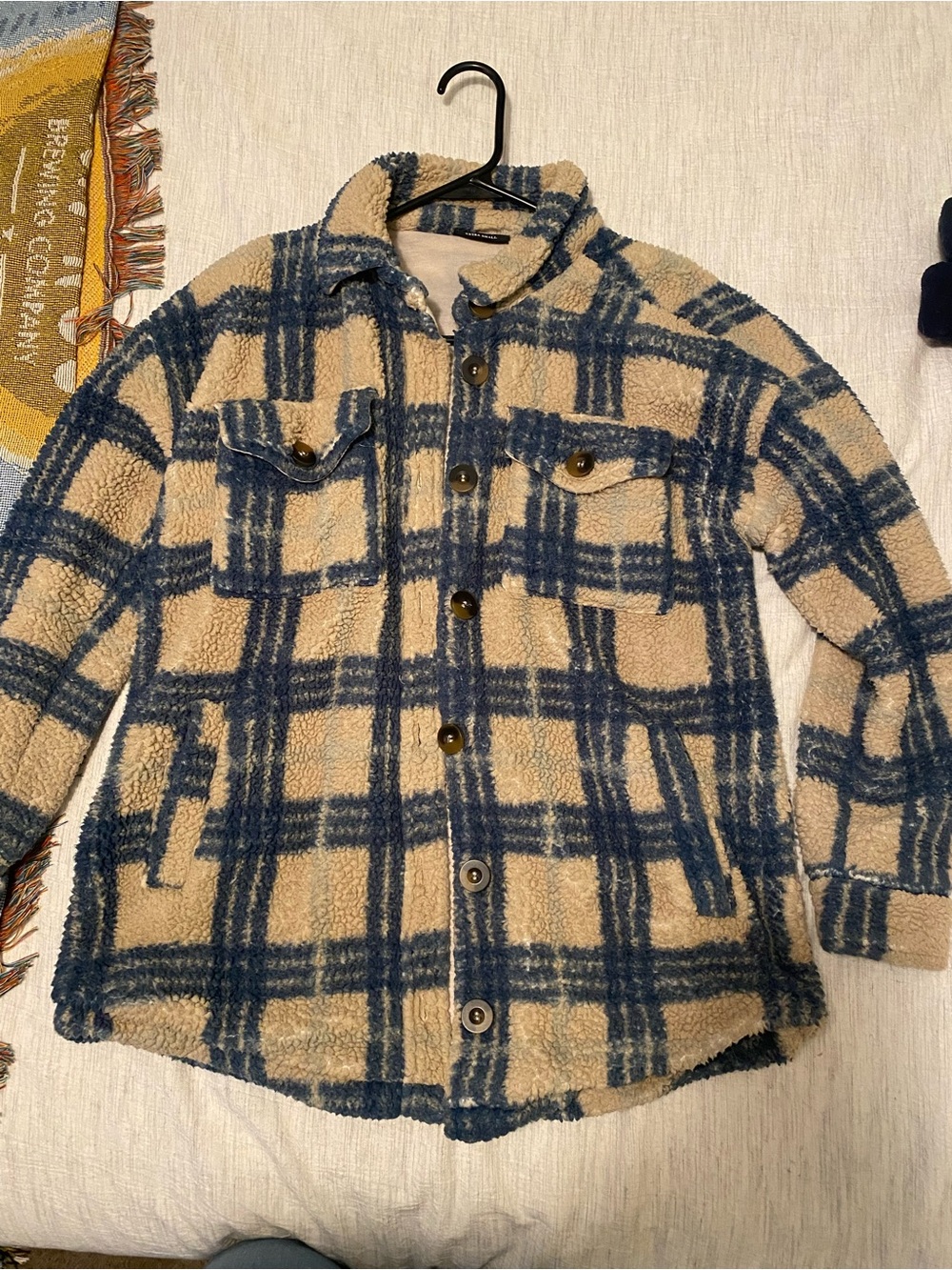 Plaid Sherpa Button-Up Jacket - Blue & Cream